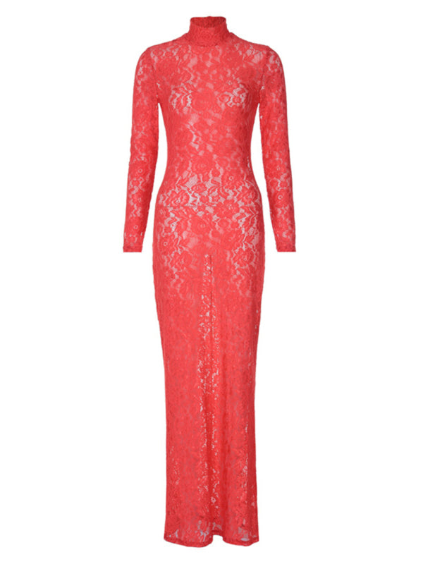 Lace Dresses- Floor-Length Red High-Neck Lace Dress- - IndioGear Women Clothing