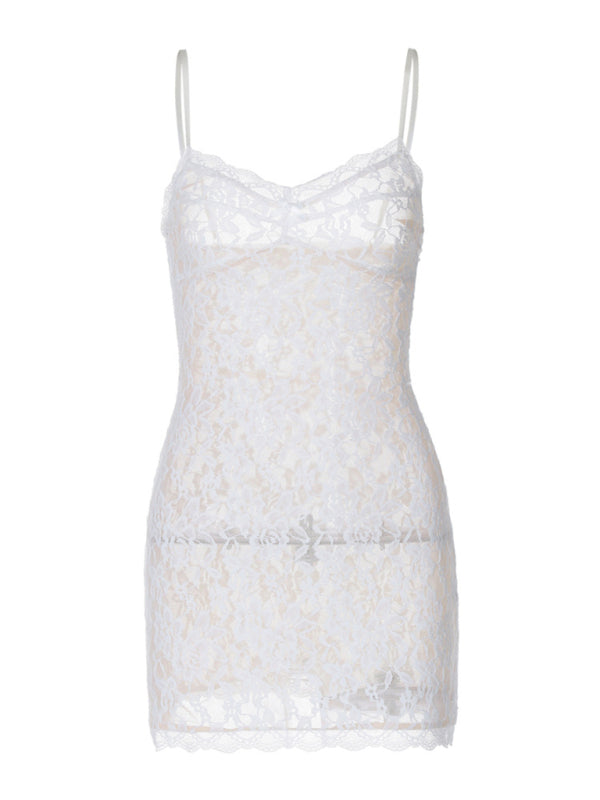 Lace Dresses- Mesh Lined Cami Mini Dress for Summer in Floral Lace- - IndioGear Fashion and Gear