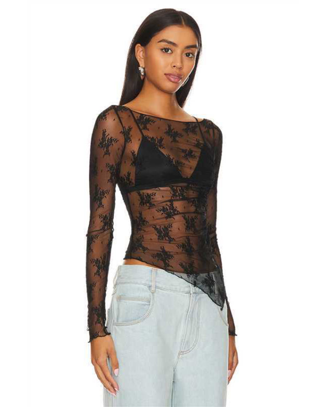 Lace Tops- Long Sleeve Lace Top in Elegant Asymmetric Design- - IndioGear Fashion and Gear