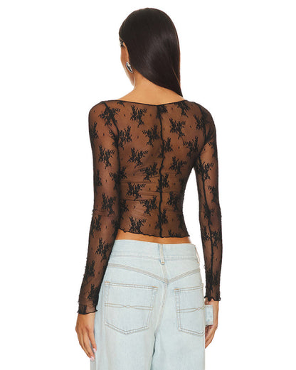 Lace Tops- Long Sleeve Lace Top in Elegant Asymmetric Design- - IndioGear Fashion and Gear