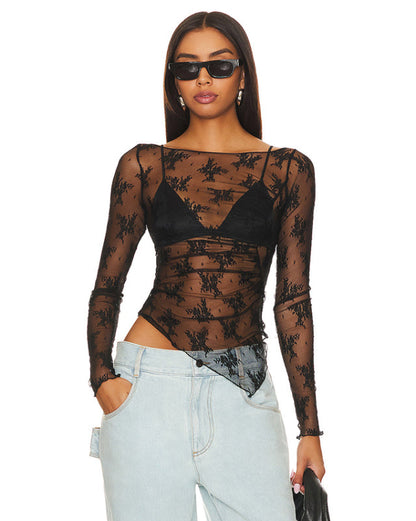 Lace Tops- Long Sleeve Lace Top in Elegant Asymmetric Design- Black- IndioGear Fashion and Gear