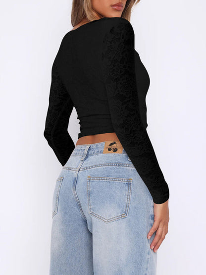 Lace Tops- Sheer Long Sleeve Lace Blouse Crop Top- - IndioGear Women Clothing