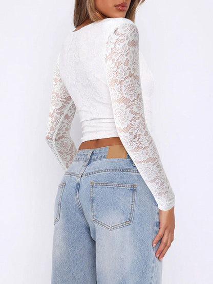 Lace Tops- Sheer Long Sleeve Lace Blouse Crop Top- - IndioGear Women Clothing