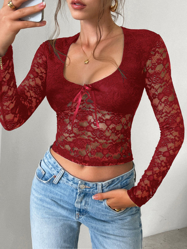 Lace Tops- Victorian Floral Lace Top- Wine Red- IndioGear Women Clothing