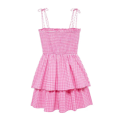 Layered Dresses- Pretty Pink Summer Tiered Gingham Dress- - IndioGear.com