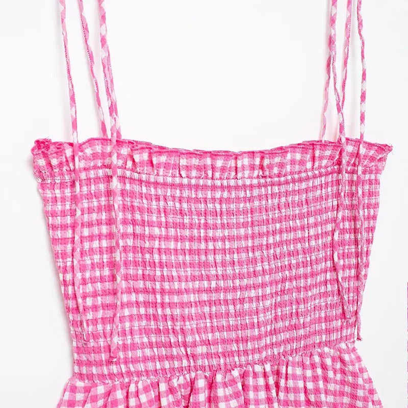 Layered Dresses- Pretty Pink Summer Tiered Gingham Dress- - IndioGear.com