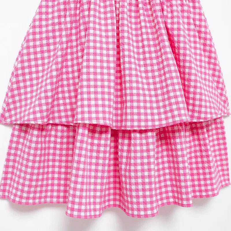 Layered Dresses- Pretty Pink Summer Tiered Gingham Dress- - IndioGear.com