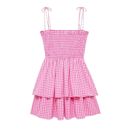 Layered Dresses- Pretty Pink Summer Tiered Gingham Dress- Pink- IndioGear.com