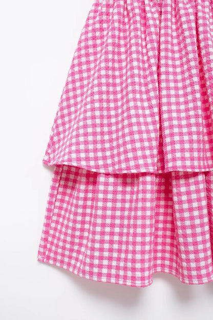 Layered Dresses- Pretty Pink Summer Tiered Gingham Dress- - IndioGear.com