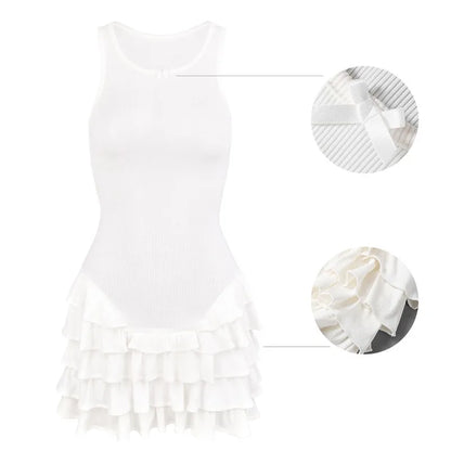 Layered Dresses- Women Layered Summer Ruffle Mini Dress- White- IndioGear.com