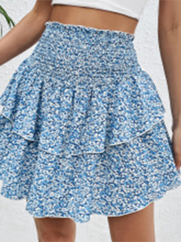 Layered Dresses- Women's Floral Layered Mini Skirt with Wide Waistband- - IndioGear.com