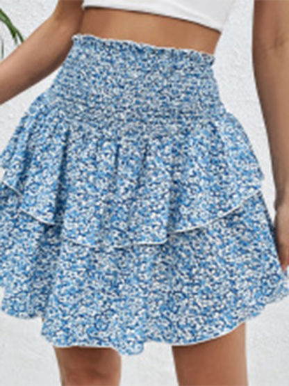 Layered Dresses- Women's Floral Layered Mini Skirt with Wide Waistband- - IndioGear.com