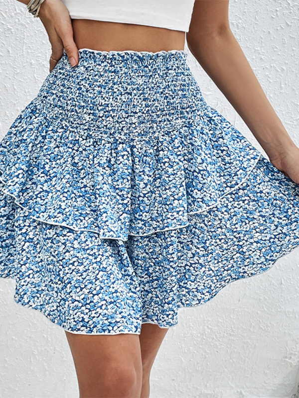 Layered Dresses- Women's Floral Layered Mini Skirt with Wide Waistband- - IndioGear.com