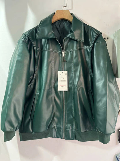 Leather Jackets- Faux Leather Bomber Moto Jacket- Green black jasper- IndioGear Women Clothing