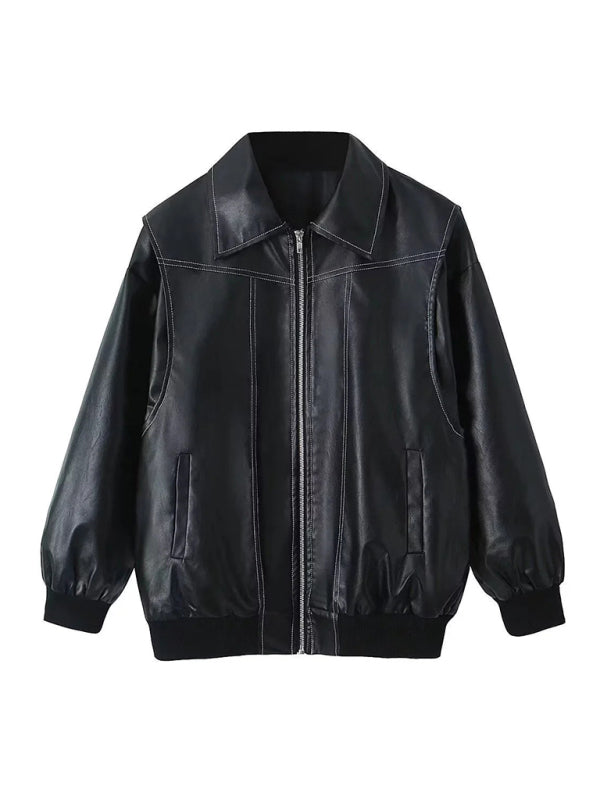 Leather Jackets- Faux Leather Bomber Moto Jacket- - IndioGear Women Clothing