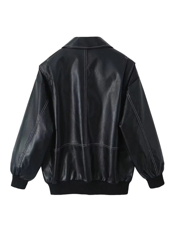 Leather Jackets- Faux Leather Bomber Moto Jacket- - IndioGear Women Clothing