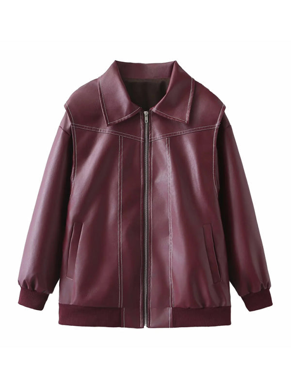 Leather Jackets- Faux Leather Bomber Moto Jacket- Wine Red- IndioGear Women Clothing