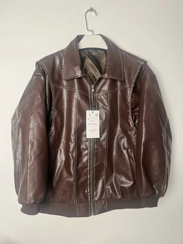 Leather Jackets- Faux Leather Bomber Moto Jacket- Dark Brown- IndioGear Women Clothing