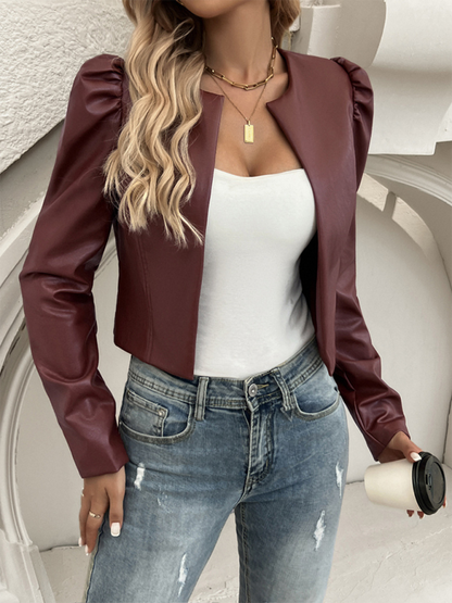 Leather Jackets- Faux Leather Puff Sleeve Jacket- - IndioGear.com