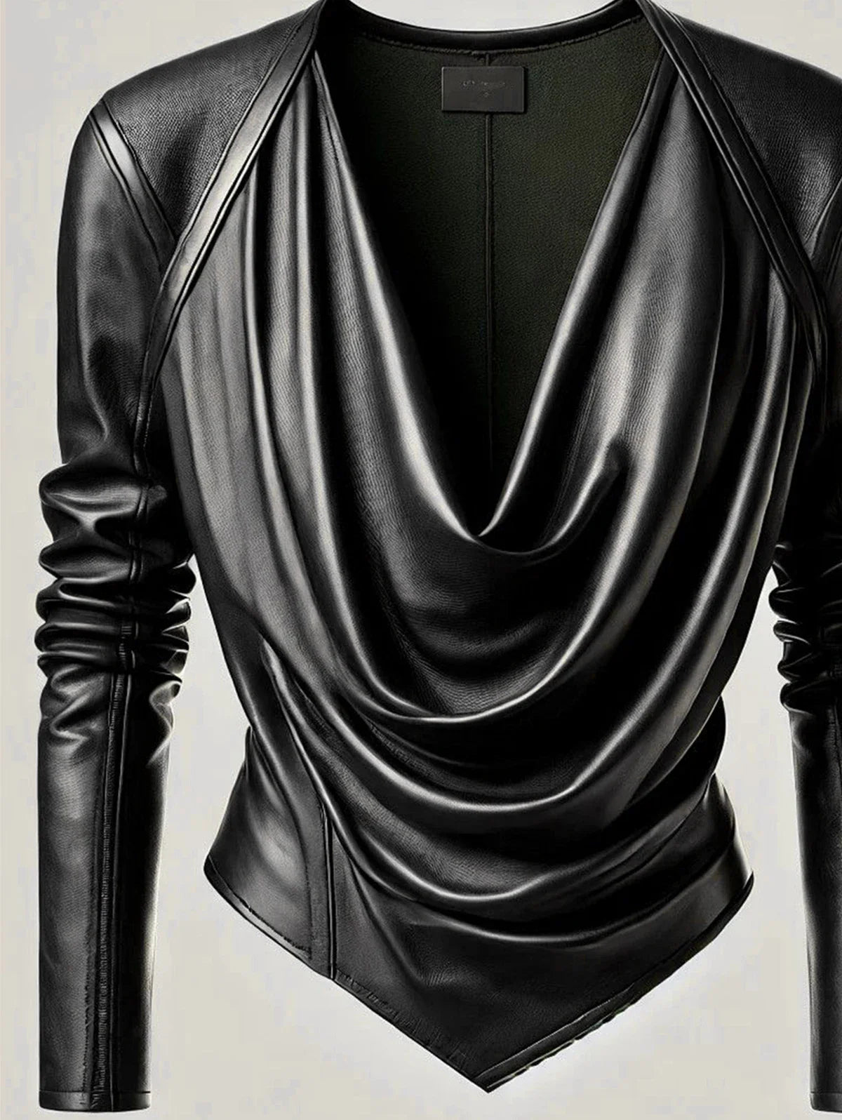 Leather Tops- Edgy Biker-Inspired Faux Leather Cowl Neck Blouse- - IndioGear