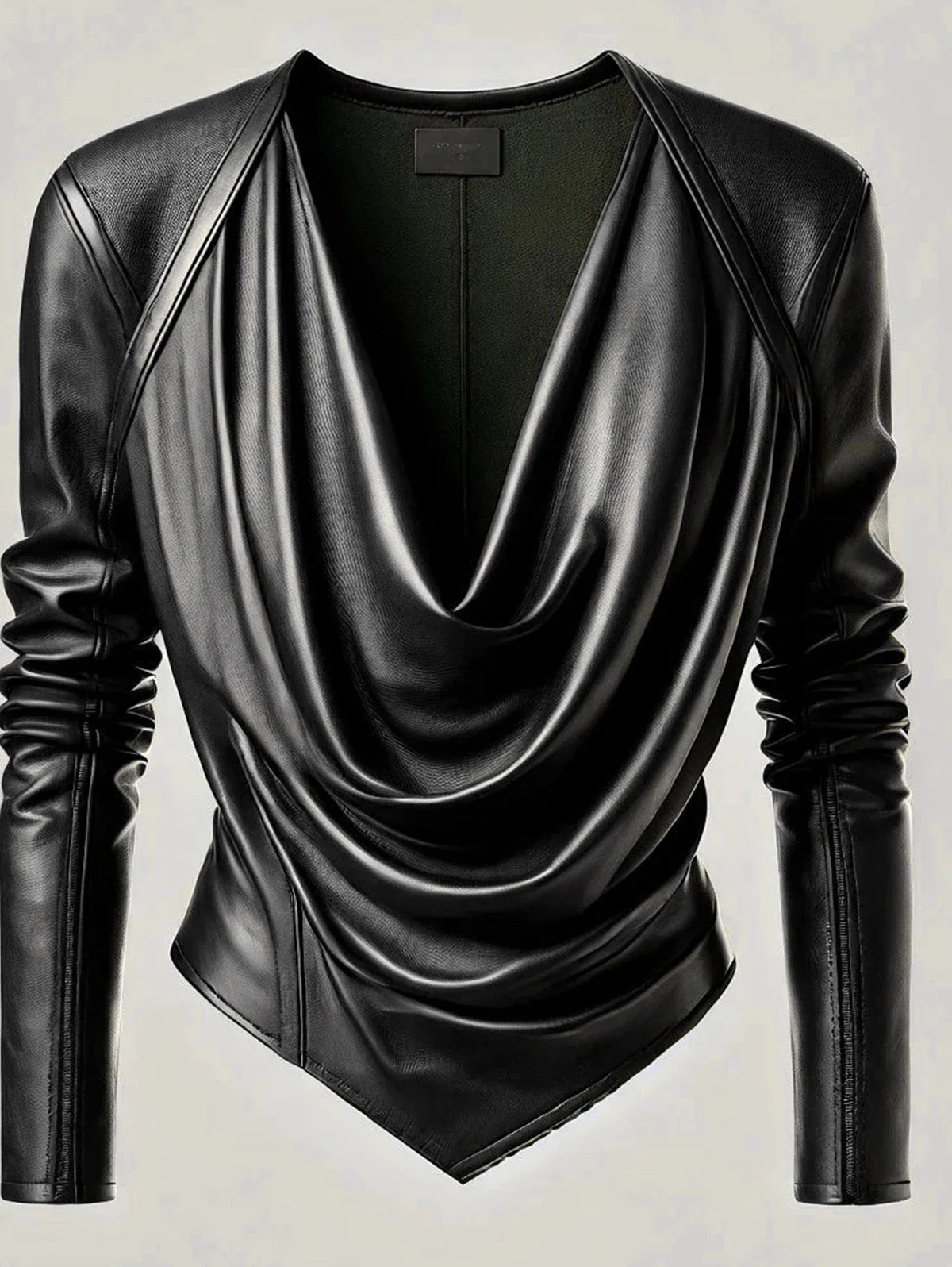 Leather Tops- Edgy Biker-Inspired Faux Leather Cowl Neck Blouse- - IndioGear