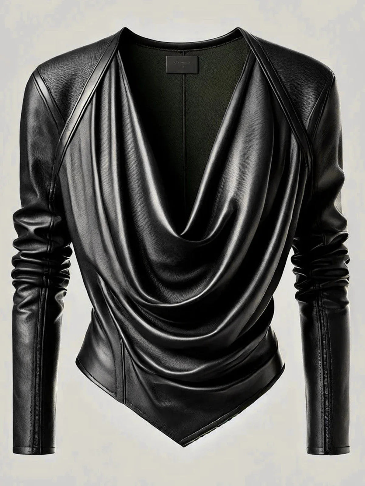 Leather Tops- Edgy Biker-Inspired Faux Leather Cowl Neck Blouse- - IndioGear