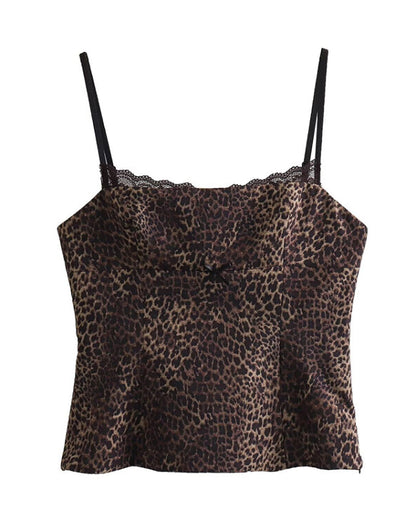 Leopard Tops- Fitted Cami Top with Lace Accents in Leopard Print- Leopard- IndioGear Fashion and Gear