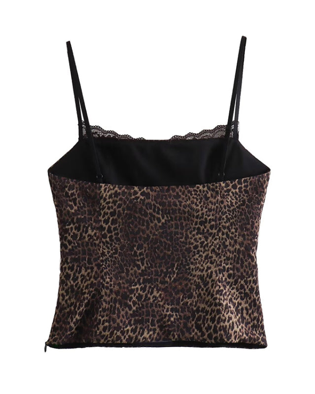 Leopard Tops- Fitted Cami Top with Lace Accents in Leopard Print- - IndioGear Fashion and Gear