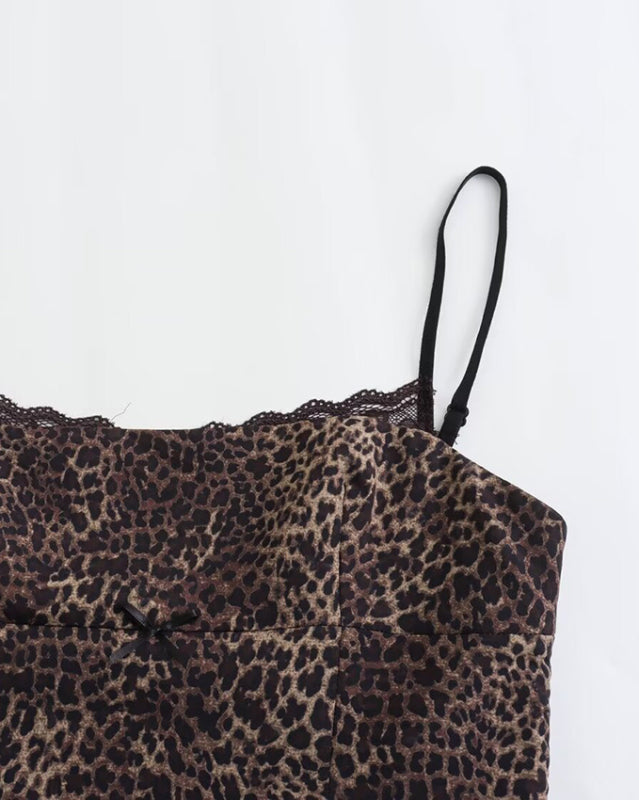 Leopard Tops- Fitted Cami Top with Lace Accents in Leopard Print- - IndioGear Fashion and Gear