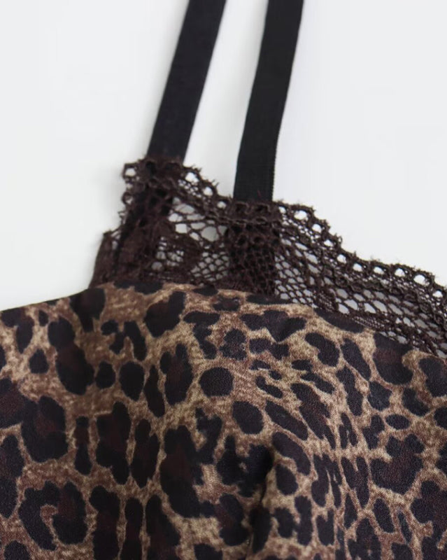 Leopard Tops- Fitted Cami Top with Lace Accents in Leopard Print- - IndioGear Fashion and Gear