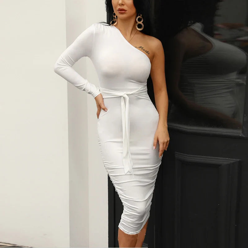 Long Sleeve Bodycon Mini Dress- Ruche Wrap Bodycon Dress Figure Hugging - 🌟 Evening Galas- White- IndioGear Women Clothing