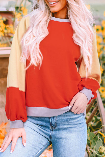 Long Sleeve Tops- Casual Color Block Loose Fit Top for Women Pullover- Orange- IndioGear Women Clothing