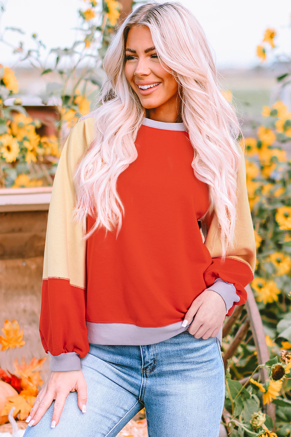 Long Sleeve Tops- Casual Color Block Loose Fit Top for Women Pullover- - IndioGear Women Clothing