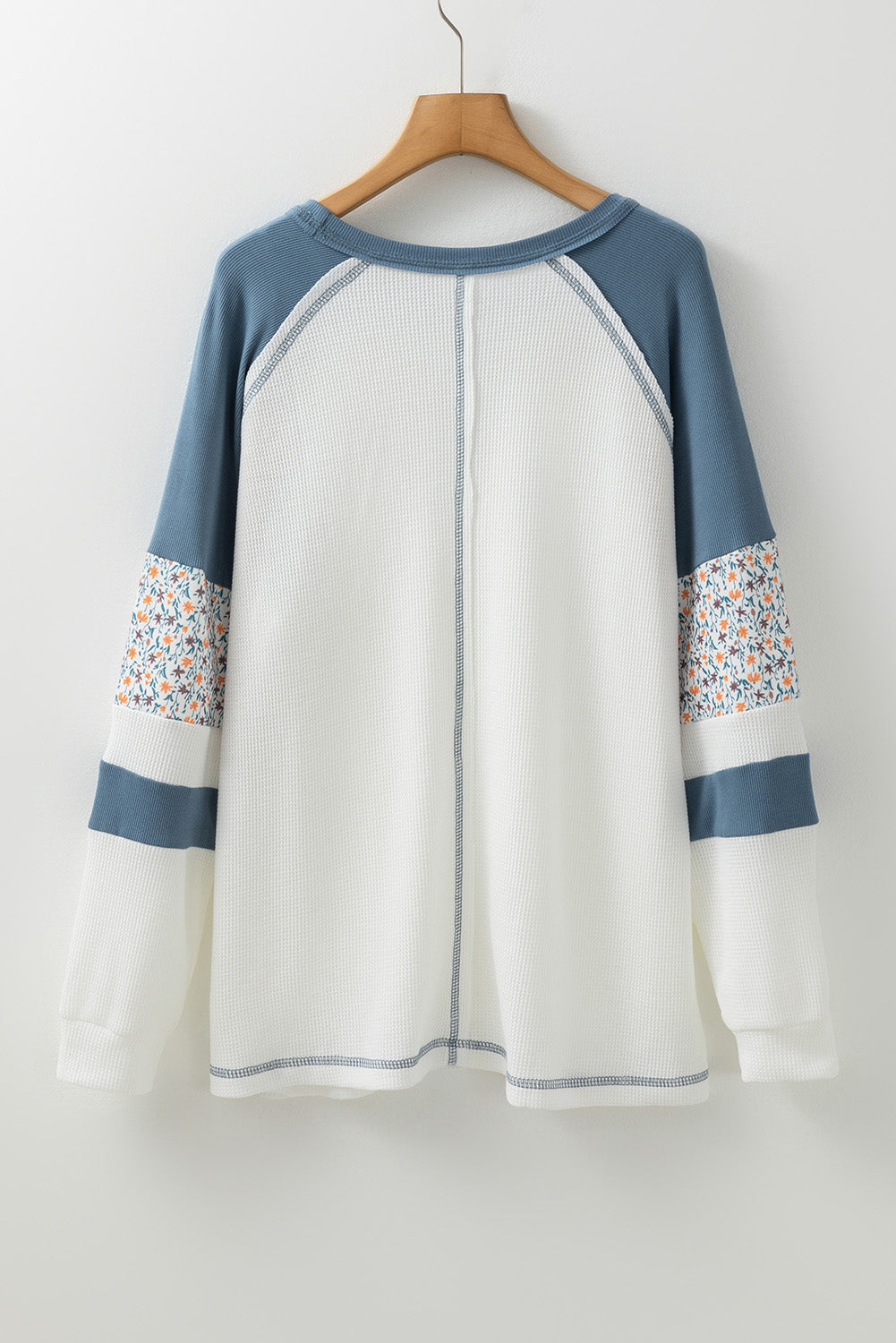 Long Sleeve Tops- Casual Floral Sleeve Patchwork Pullover Waffle Knit Raglan Top- - IndioGear Women Clothing