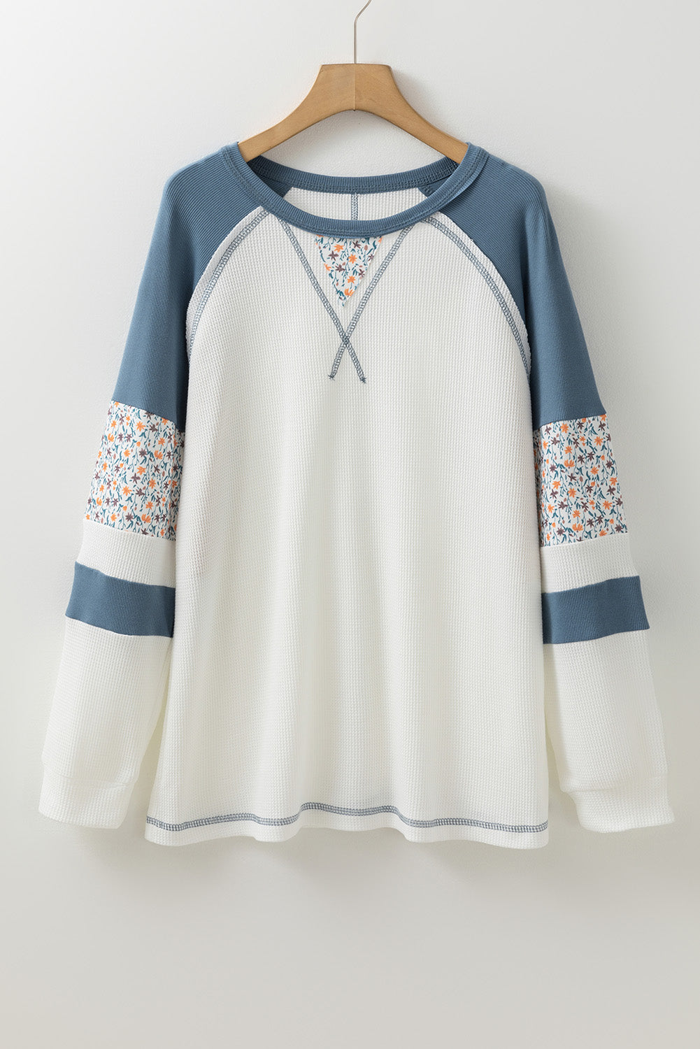 Long Sleeve Tops- Casual Floral Sleeve Patchwork Pullover Waffle Knit Raglan Top- - IndioGear Women Clothing