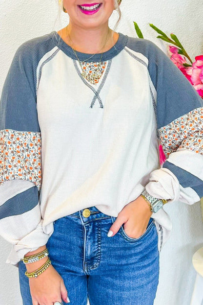 Long Sleeve Tops- Casual Floral Sleeve Patchwork Pullover Waffle Knit Raglan Top- White- IndioGear Women Clothing