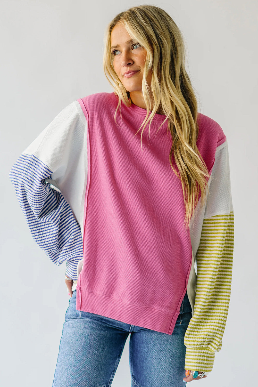 Long Sleeve Tops- Patchwork Color Block Long Sleeve Sweater Fall Pullover- - IndioGear Women Clothing