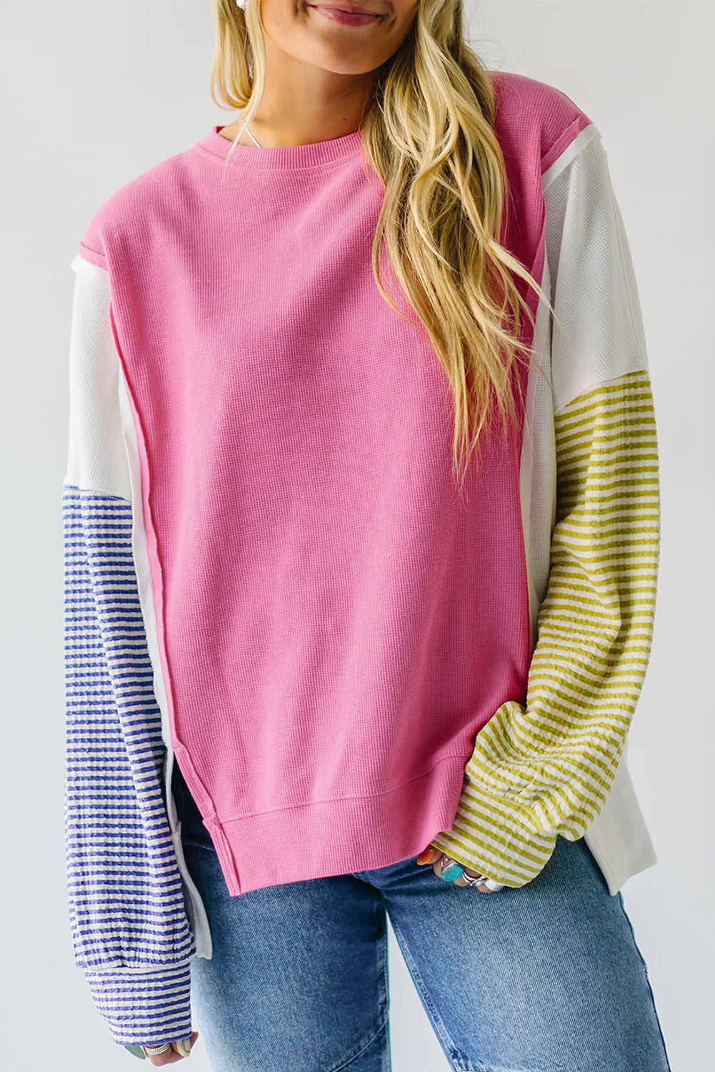 Long Sleeve Tops- Patchwork Color Block Long Sleeve Sweater Fall Pullover- Sachet Pink- IndioGear Women Clothing