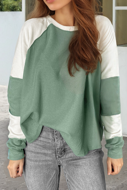 Long Sleeve Tops- Ribbed Colorblock Raglan Sleeve Top for Fall- Mint Green- IndioGear Women Clothing