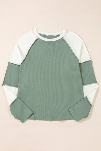 Long Sleeve Tops- Ribbed Colorblock Raglan Sleeve Top for Fall- - IndioGear Women Clothing