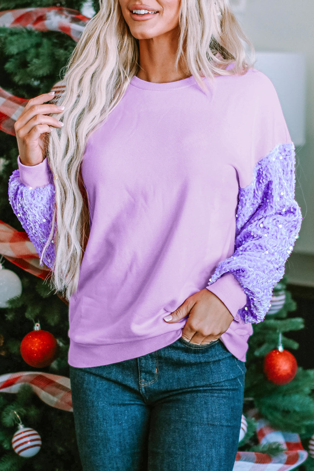 Long Sleeve Tops- Sequin Sleeve Winter Top Sparkle Pullover- - IndioGear Women Clothing