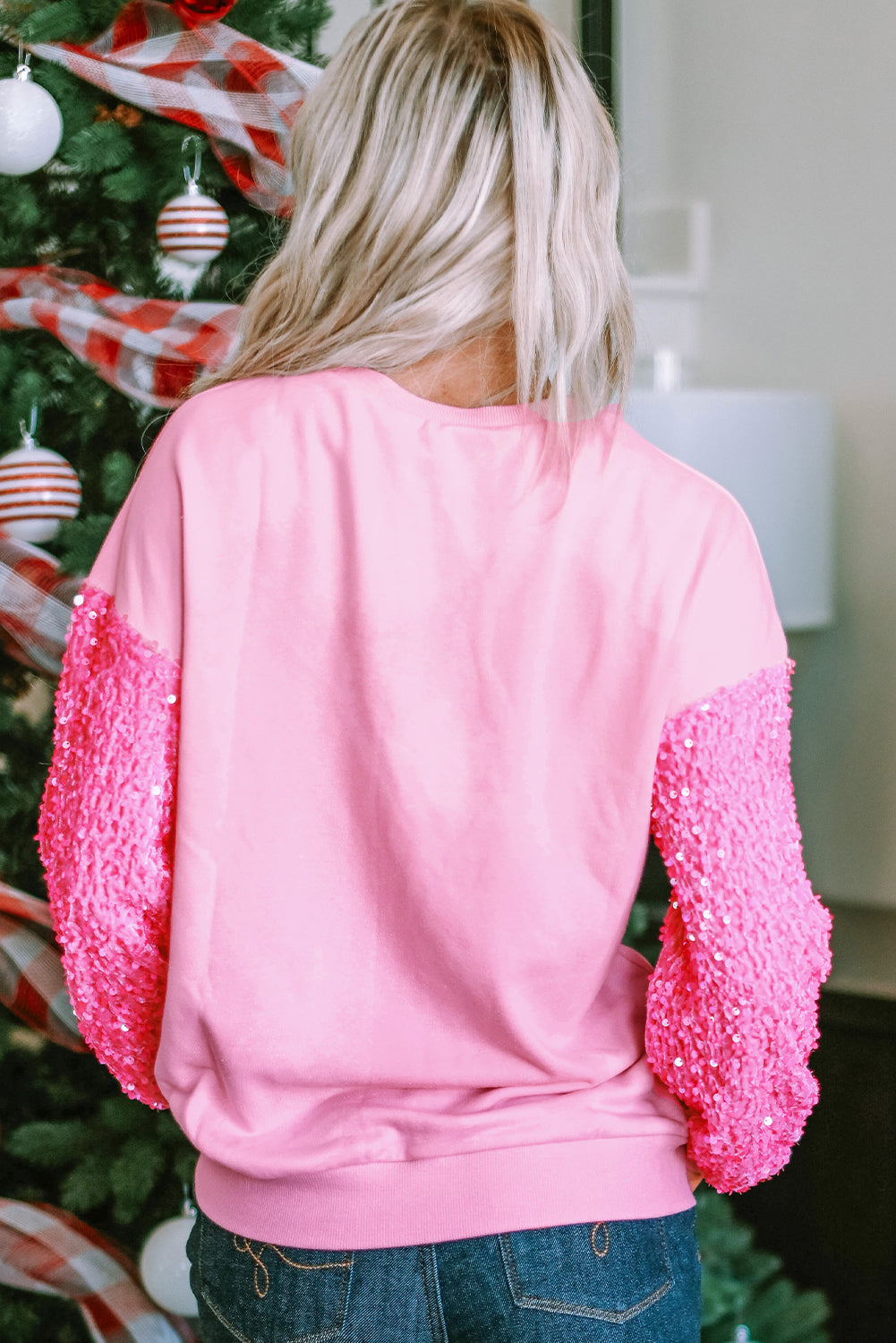 Long Sleeve Tops- Sequin Sleeve Winter Top Sparkle Pullover- - IndioGear Women Clothing