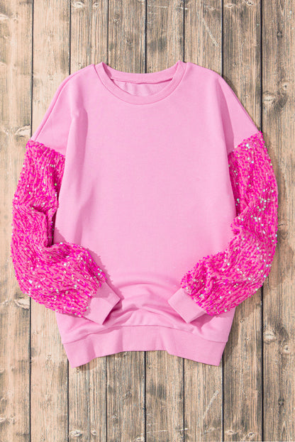 Long Sleeve Tops- Sequin Sleeve Winter Top Sparkle Pullover- - IndioGear Women Clothing