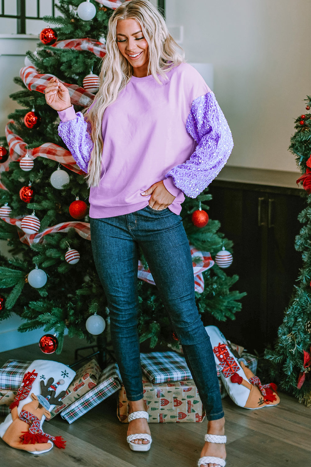 Long Sleeve Tops- Sequin Sleeve Winter Top Sparkle Pullover- - IndioGear Women Clothing