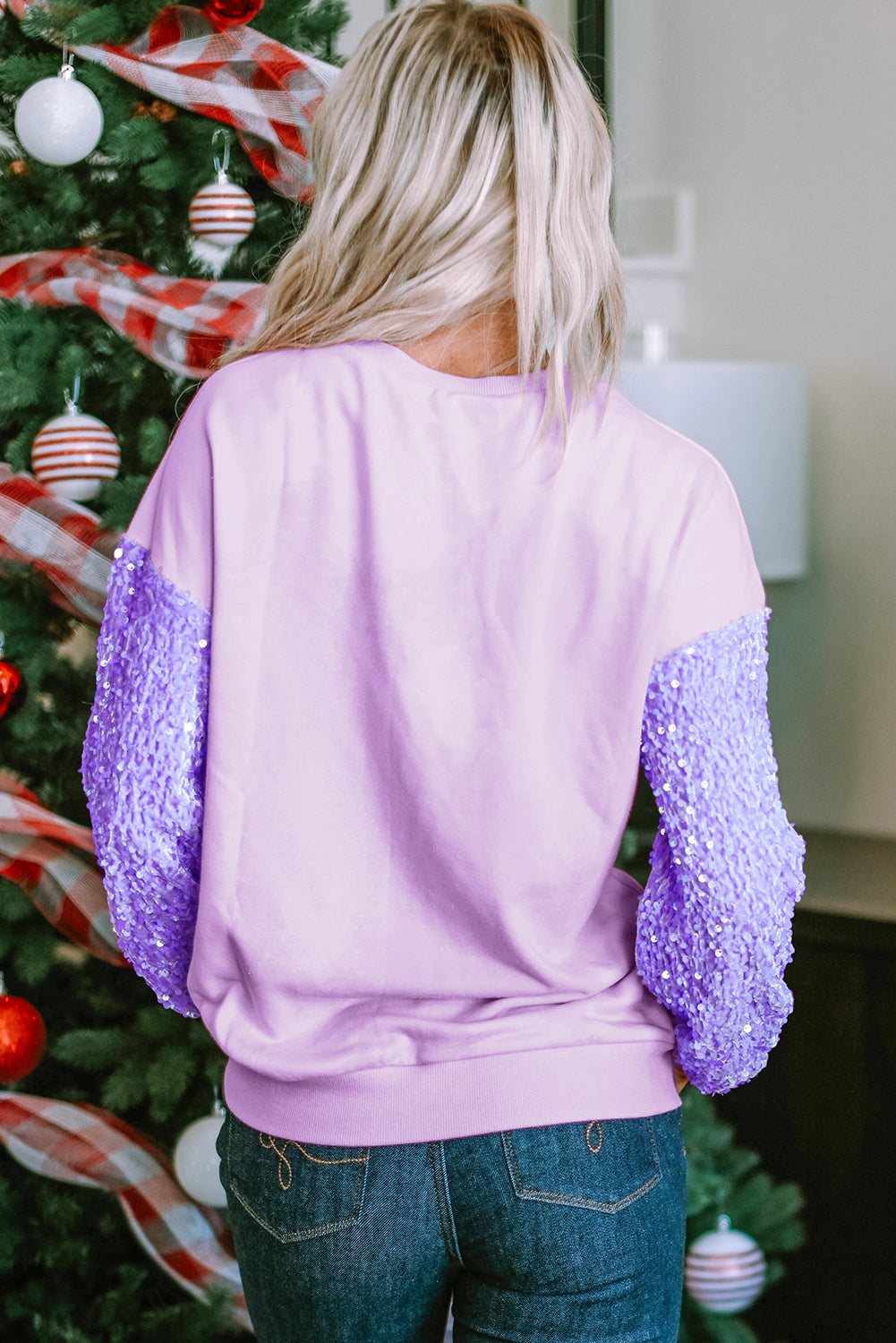 Long Sleeve Tops- Sequin Sleeve Winter Top Sparkle Pullover- - IndioGear Women Clothing