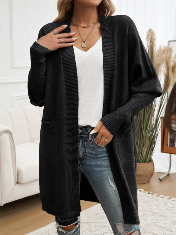 Longline Cardigans- Cozy Layer Long Cardigan with Batwing Sleeves for Women- Black- IndioGear.com