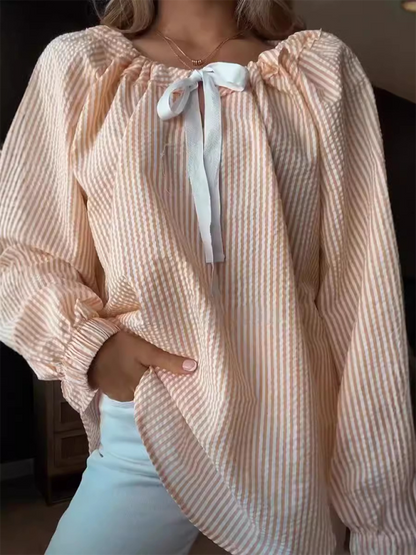 Loose Blouses- Vertical Stripe Tie-Neck Blouse- Orange- IndioGear.com