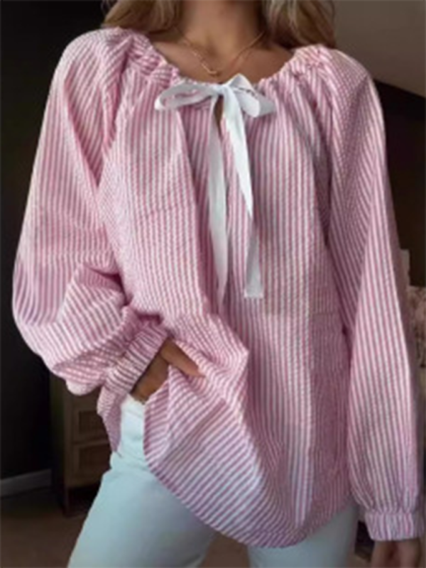 Loose Blouses- Vertical Stripe Tie-Neck Blouse- Pink- IndioGear.com