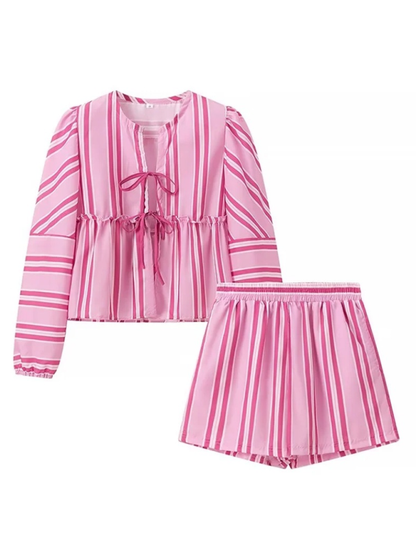 Lounge Outfit- Women's Striped Print Lounge Set with Tie-Up Blouse & Shorts- - IndioGear.com