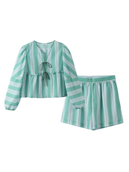 Lounge Outfit- Women's Striped Print Lounge Set with Tie-Up Blouse & Shorts- - IndioGear.com